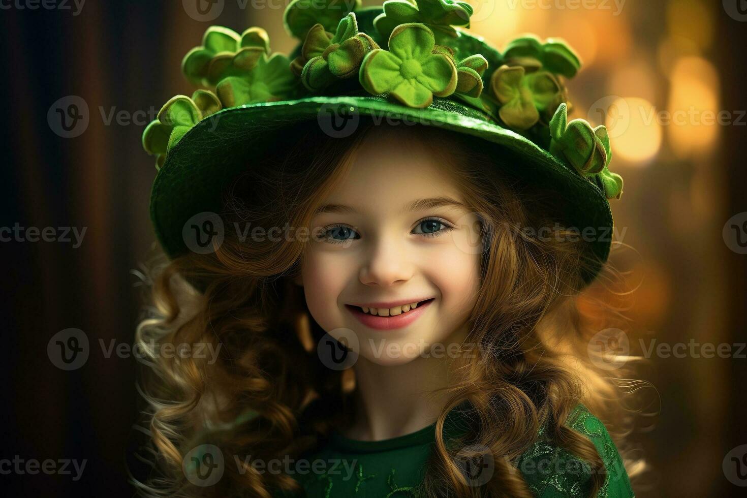 AI generated Portrait of a beautiful little girl in a green hat.St. Patrick's Day Concept photo