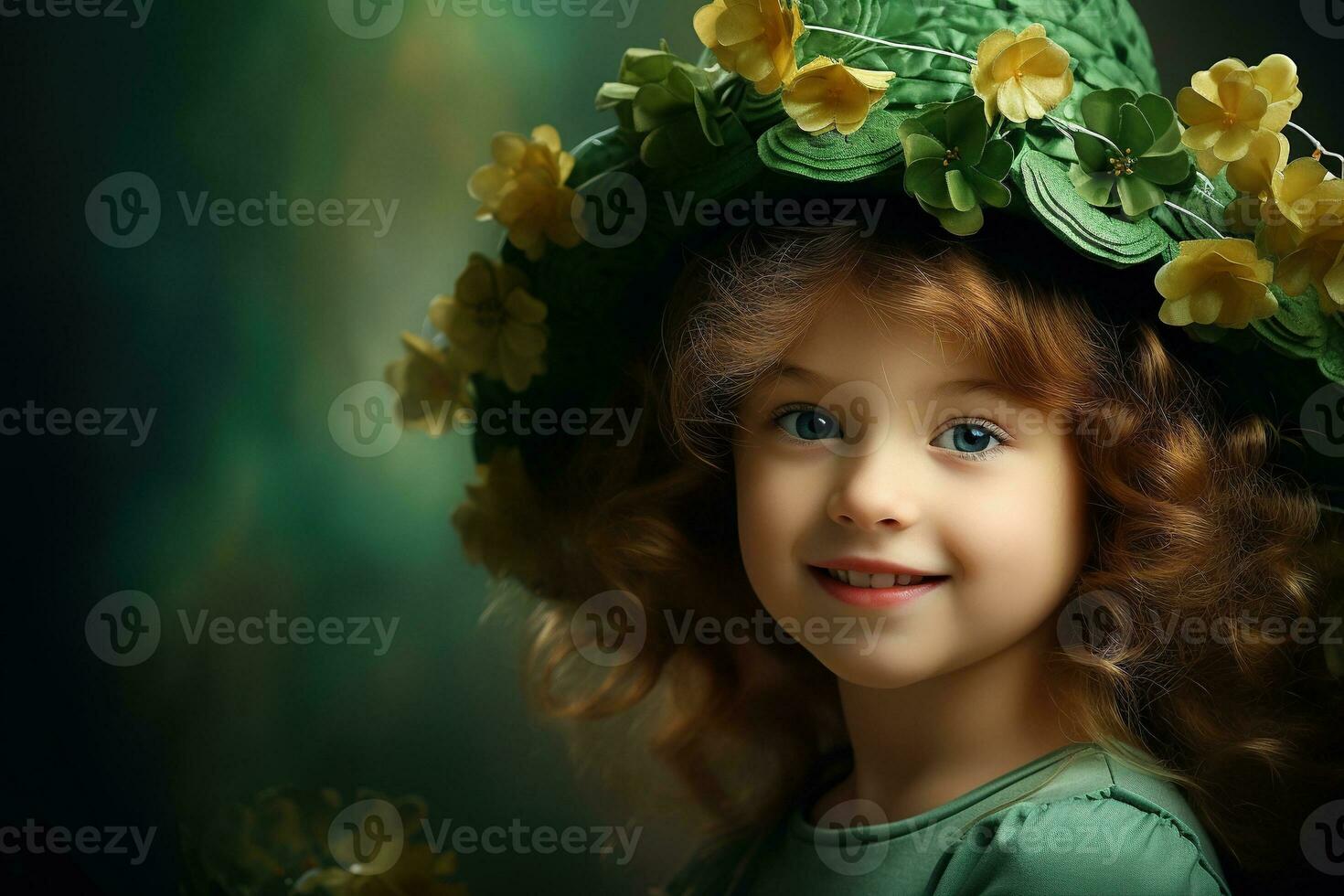 AI generated Portrait of a beautiful little girl in a green hat.St. Patrick's Day Concept photo