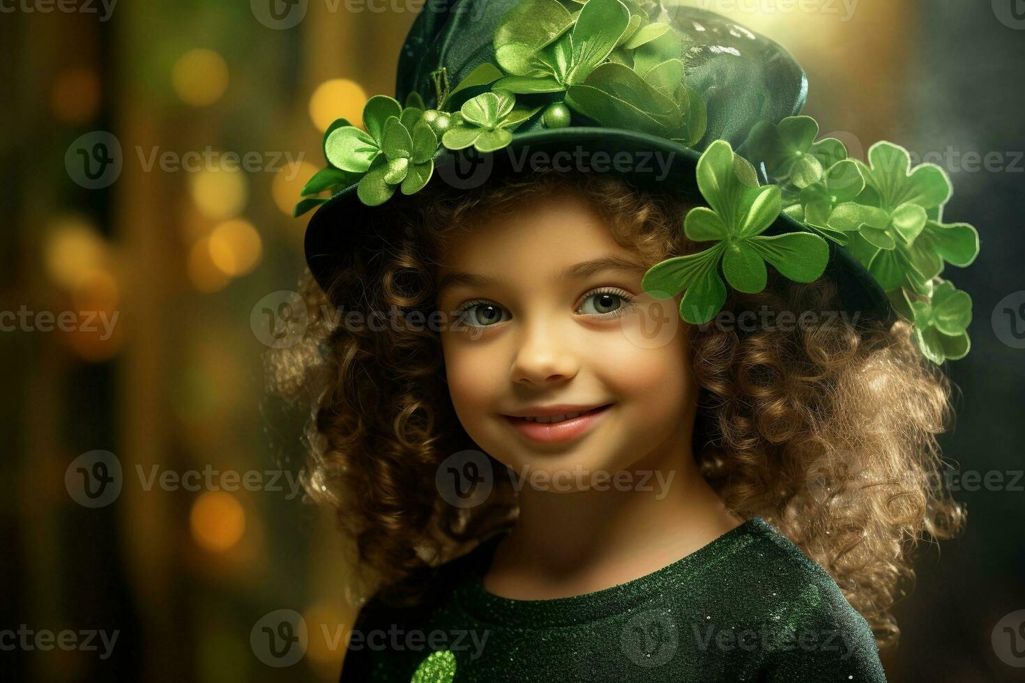 AI generated Portrait of a beautiful little girl in a green hat.St. Patrick's Day Concept photo