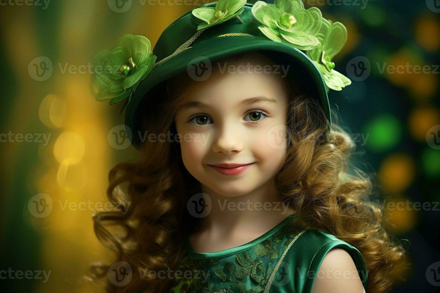 AI generated Portrait of a beautiful little girl in a green hat.St. Patrick's Day Concept photo
