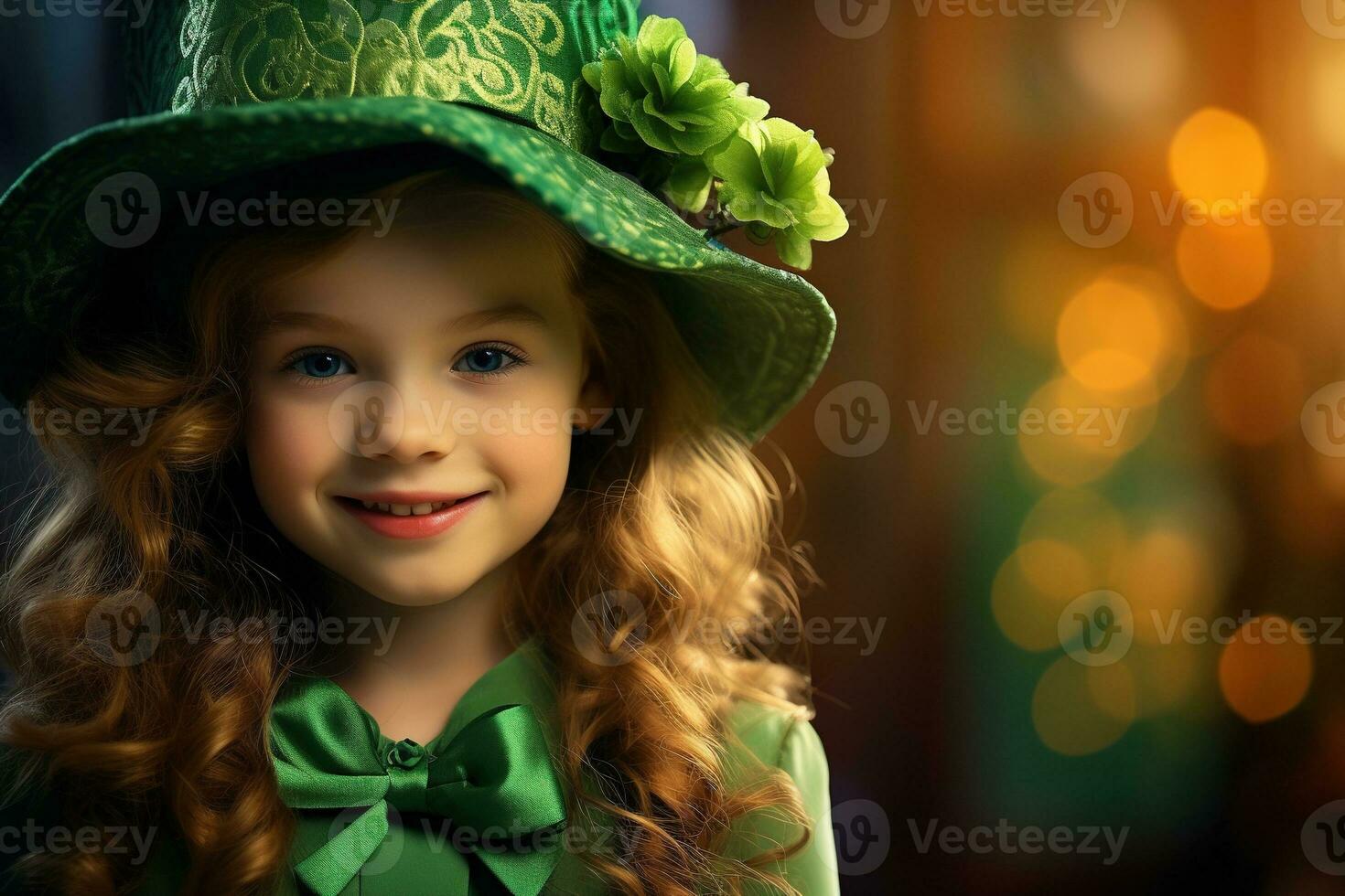 AI generated Portrait of a beautiful little girl in a green hat.St. Patrick's Day Concept photo