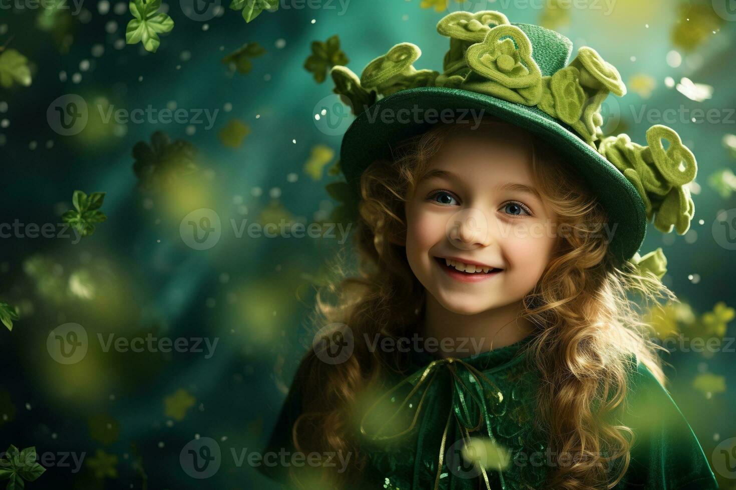 AI generated Portrait of a beautiful little girl in a green hat.St. Patrick's Day Concept photo