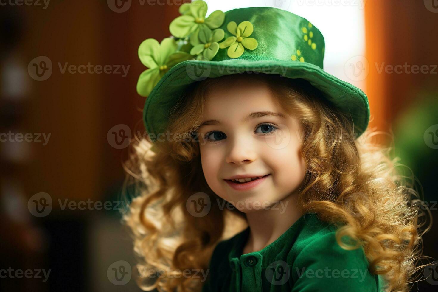AI generated Portrait of a beautiful little girl in a green hat.St. Patrick's Day Concept photo