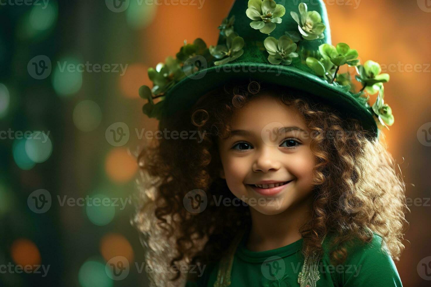 AI generated Portrait of a beautiful little girl in a green hat.St. Patrick's Day Concept photo