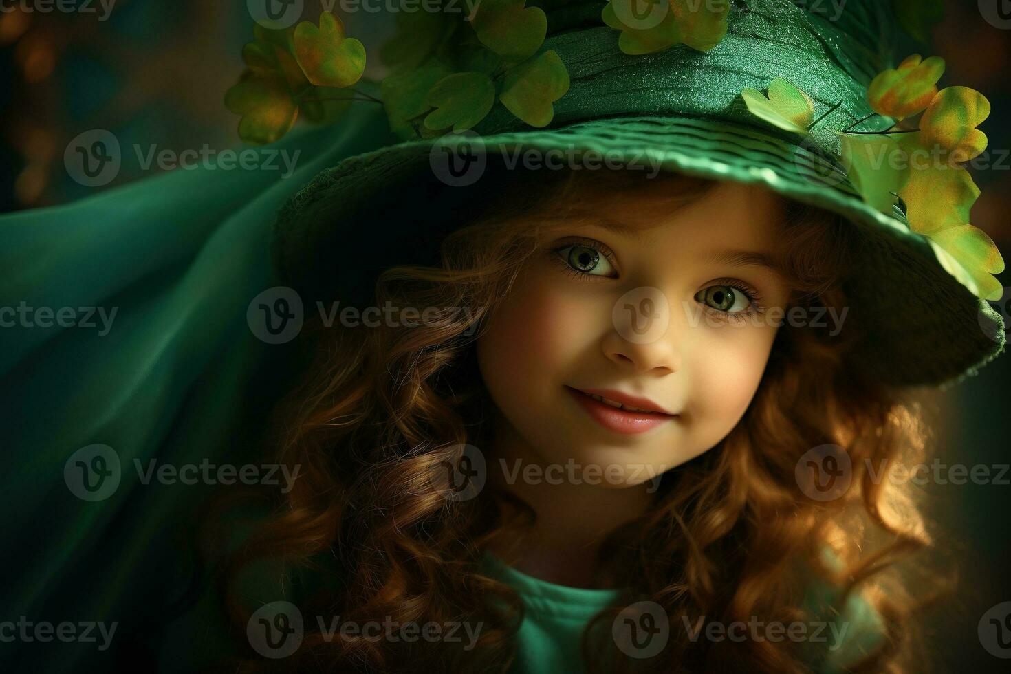 AI generated Portrait of a beautiful little girl in a green hat.St. Patrick's Day Concept photo