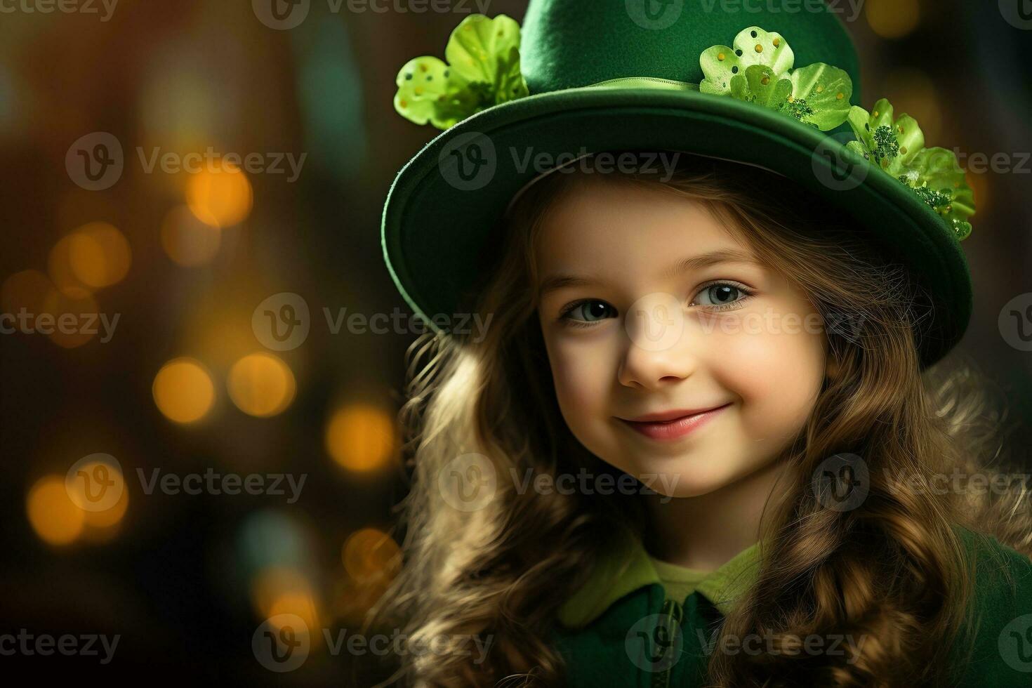 AI generated Portrait of a beautiful little girl in a green hat.St. Patrick's Day Concept photo