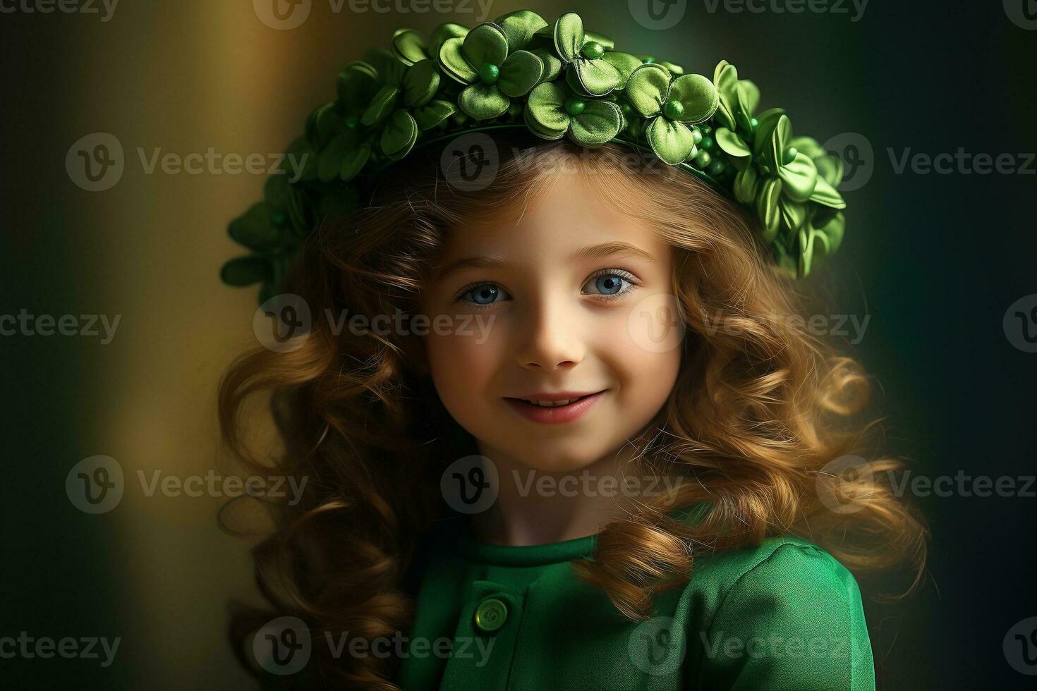 AI generated Portrait of a beautiful little girl in a green hat.St. Patrick's Day Concept photo