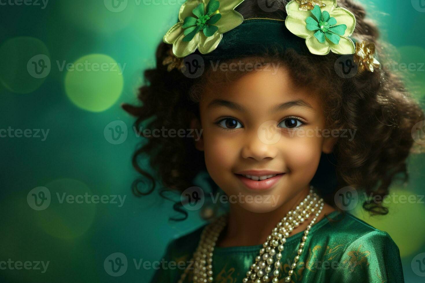 AI generated Portrait of a beautiful little girl in a green hat.St. Patrick's Day Concept photo