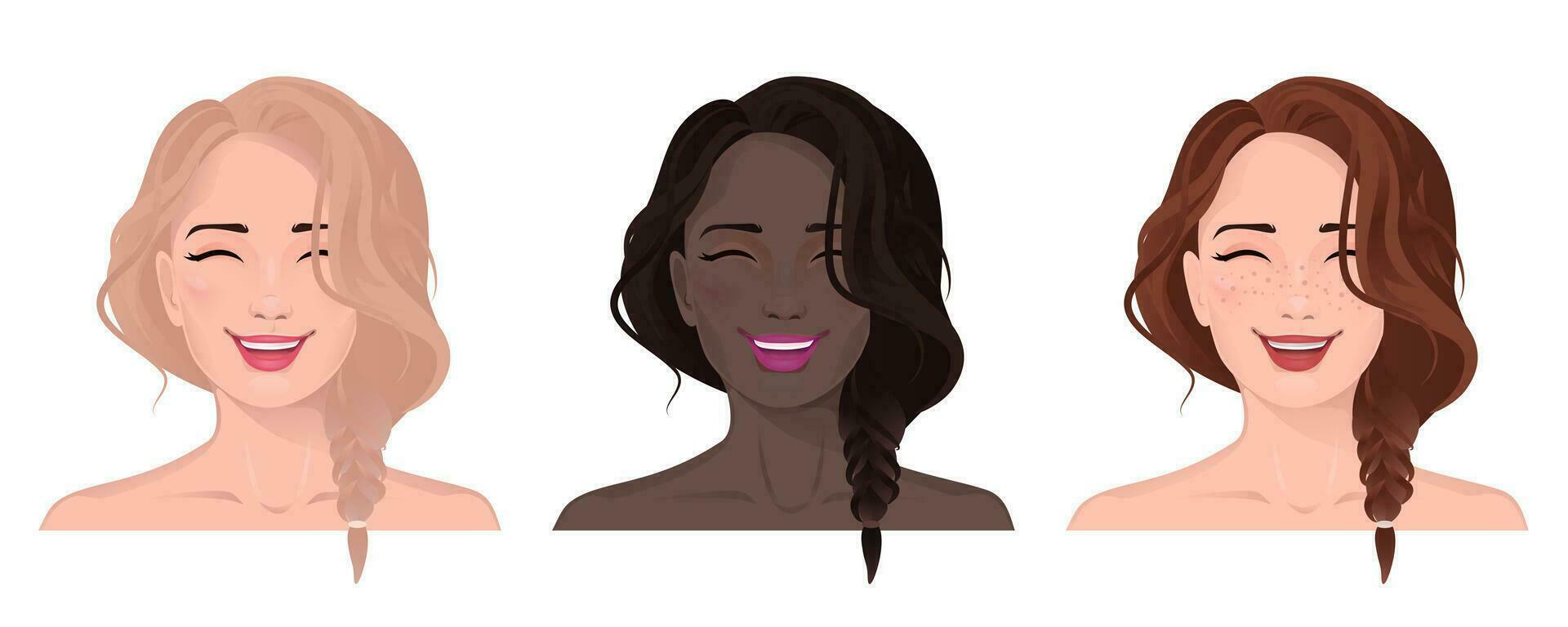 Face portrait of women with divers skin and hair. Facial expression with gesture isolated vector illustration. Avatar for a social network. Vector flat illustration, web, design, beauty and make up.