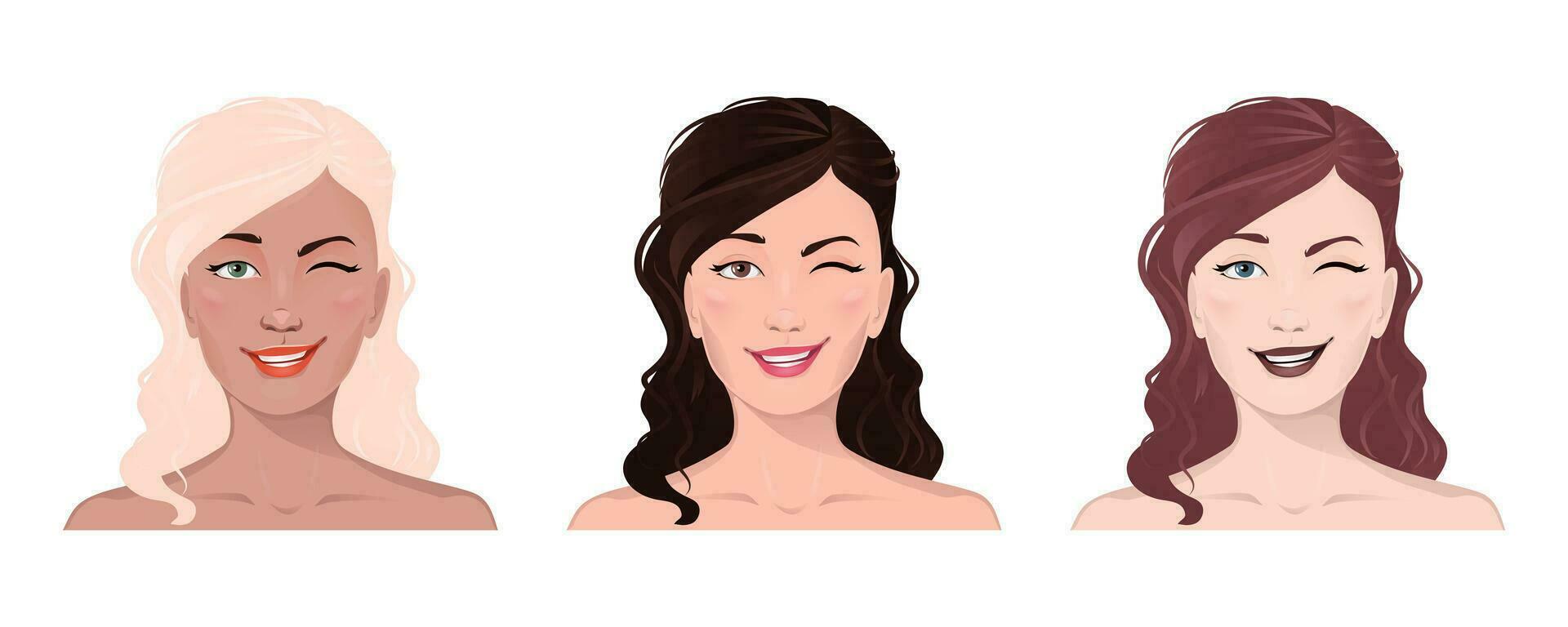 Face portrait of women with divers skin and hair. Facial expression with gesture isolated vector illustration. Avatar for a social network. Vector flat illustration, web, design, beauty and make up.