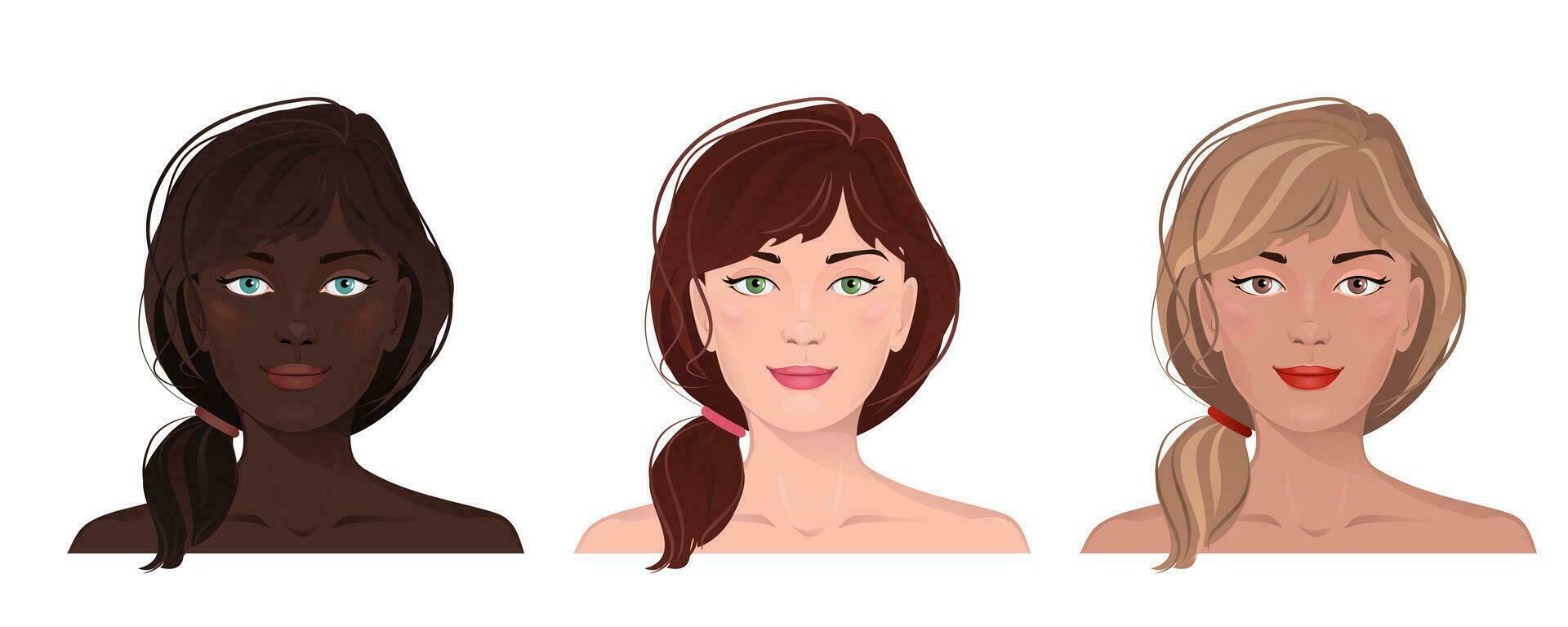 cara retrato de mujer con diversos piel y cabello. facial expresión con gesto aislado vector ilustración. avatar para un social red. vector plano ilustración, web, diseño, belleza y hacer arriba.