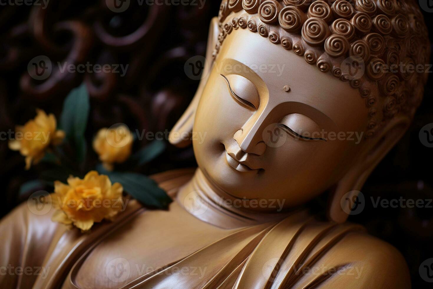 AI generated closeup of Buddha statue in buddhist temple photo