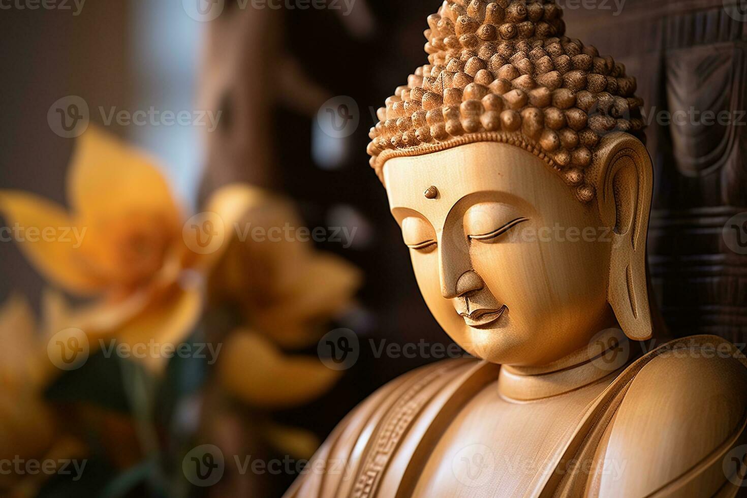 AI generated closeup of Buddha statue in buddhist temple photo