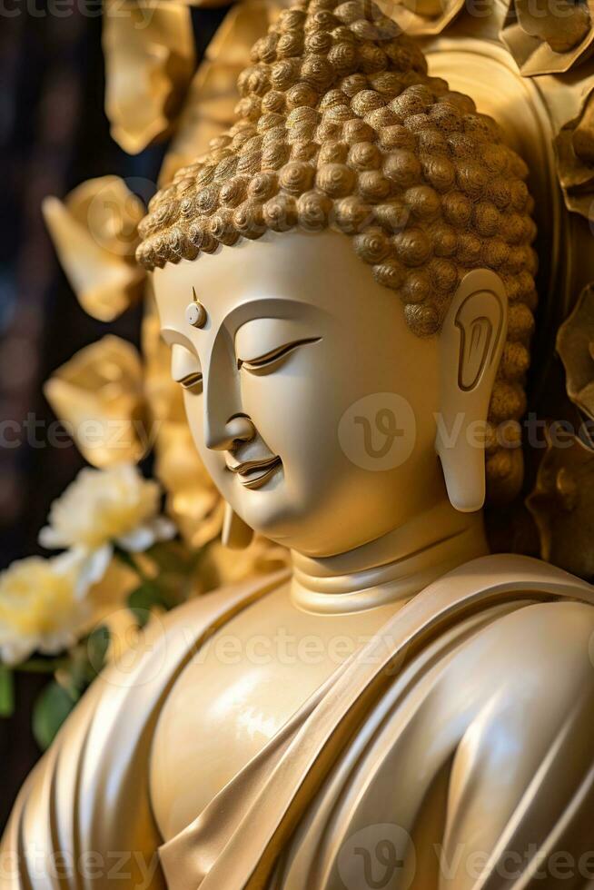 AI generated closeup of Buddha statue in buddhist temple photo