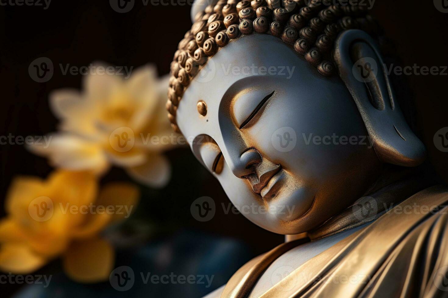 AI generated closeup of Buddha statue in buddhist temple photo