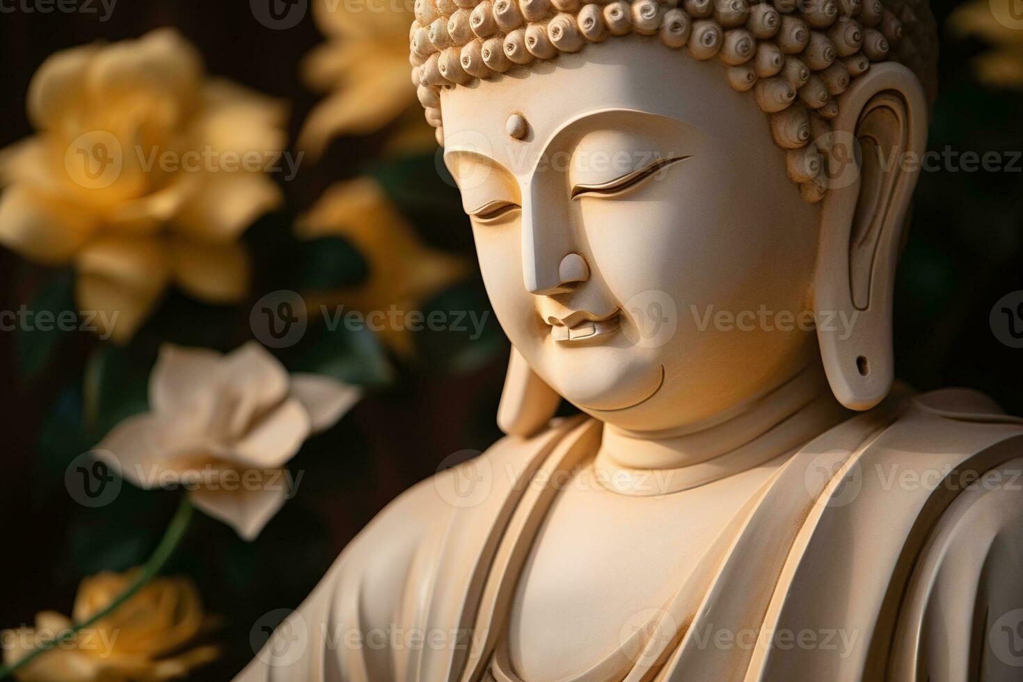 AI generated closeup of Buddha statue in buddhist temple photo