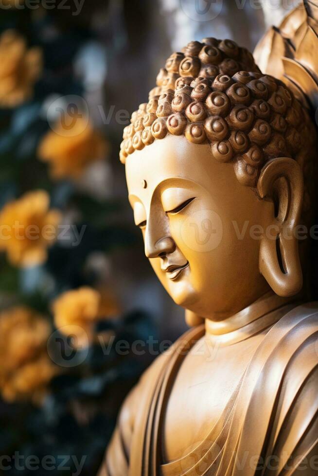 AI generated closeup of Buddha statue in buddhist temple photo