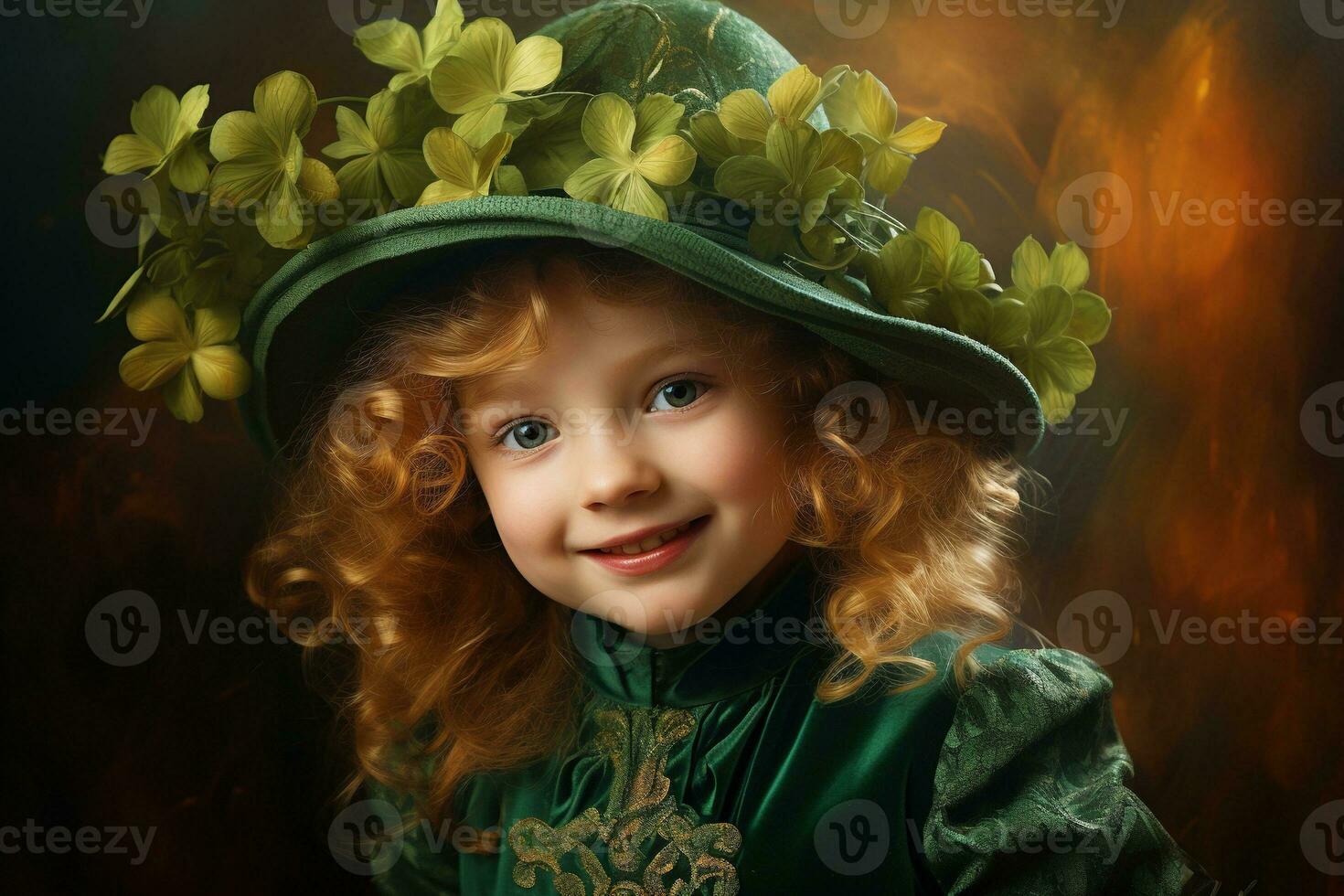 AI generated Portrait of a beautiful little girl in a green hat.St. Patrick's Day Concept photo