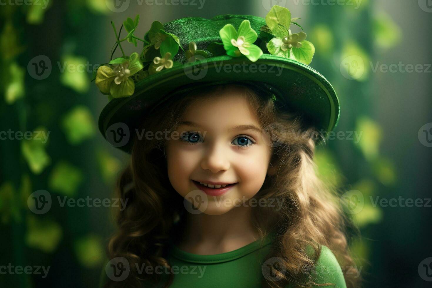 AI generated Portrait of a beautiful little girl in a green hat.St. Patrick's Day Concept photo