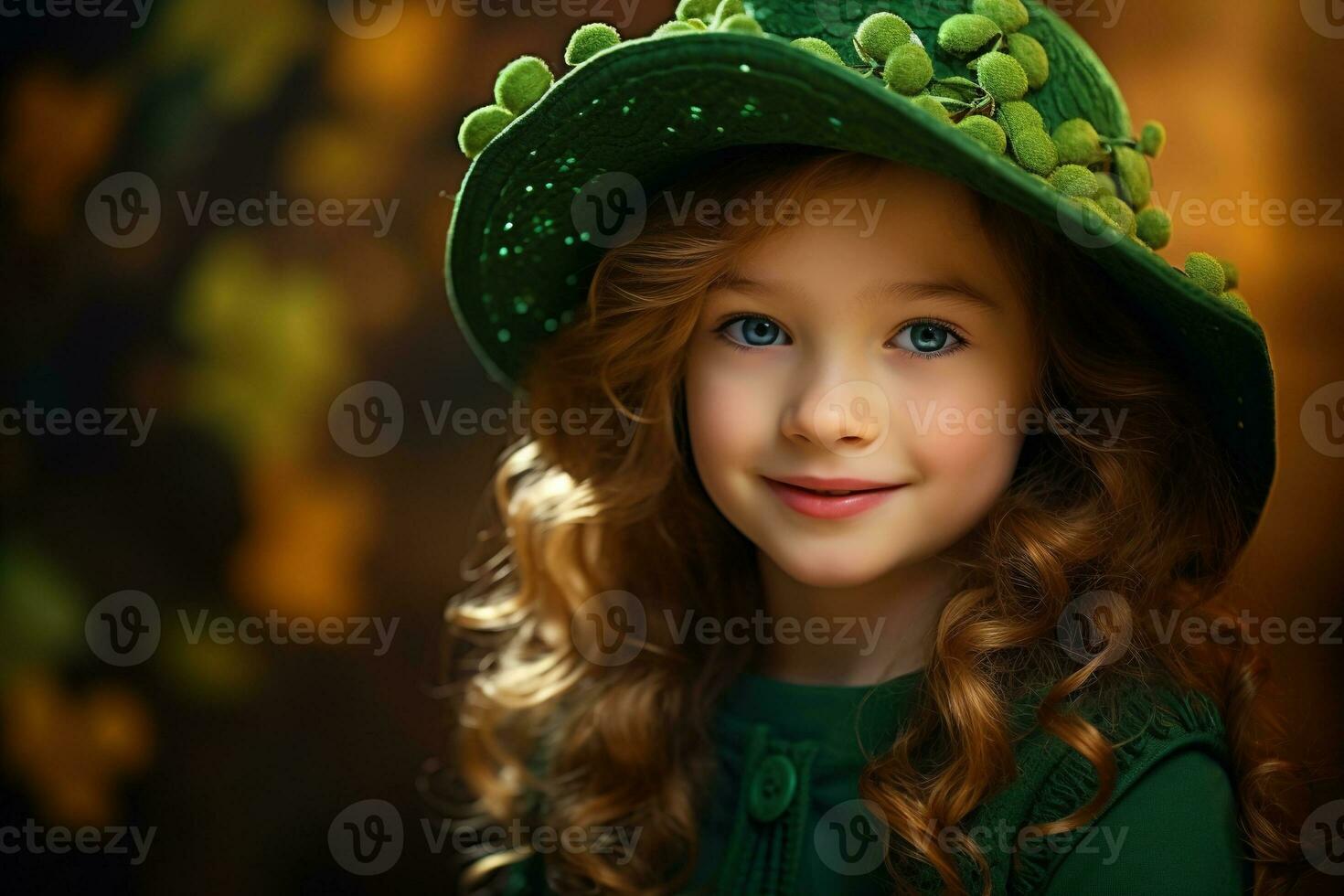AI generated Portrait of a beautiful little girl in a green hat.St. Patrick's Day Concept photo