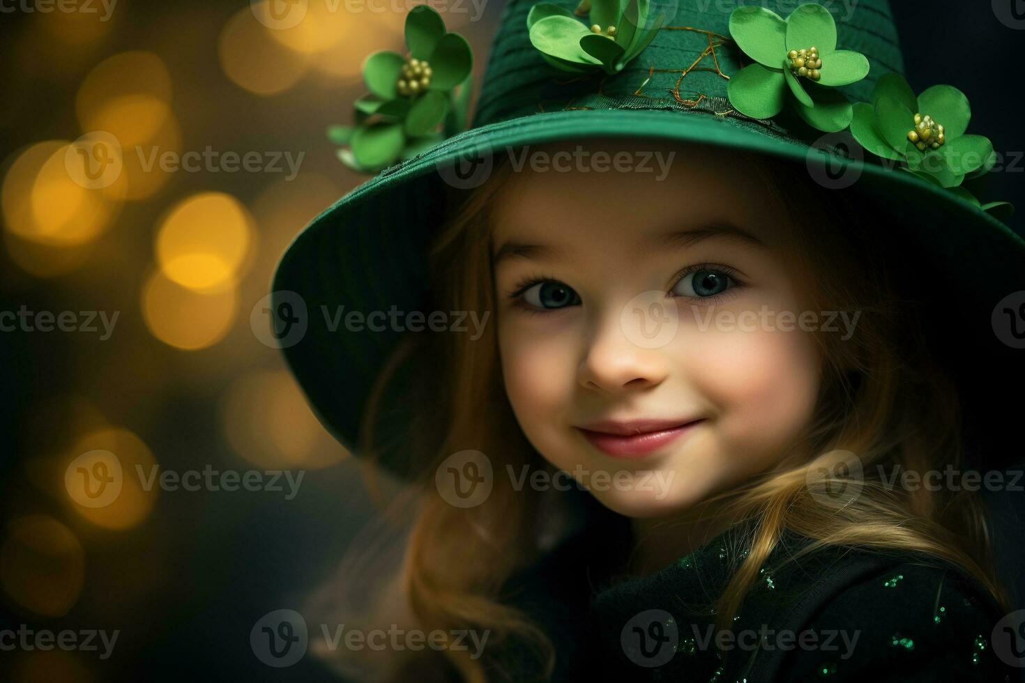 AI generated Portrait of a beautiful little girl in a green hat.St. Patrick's Day Concept photo