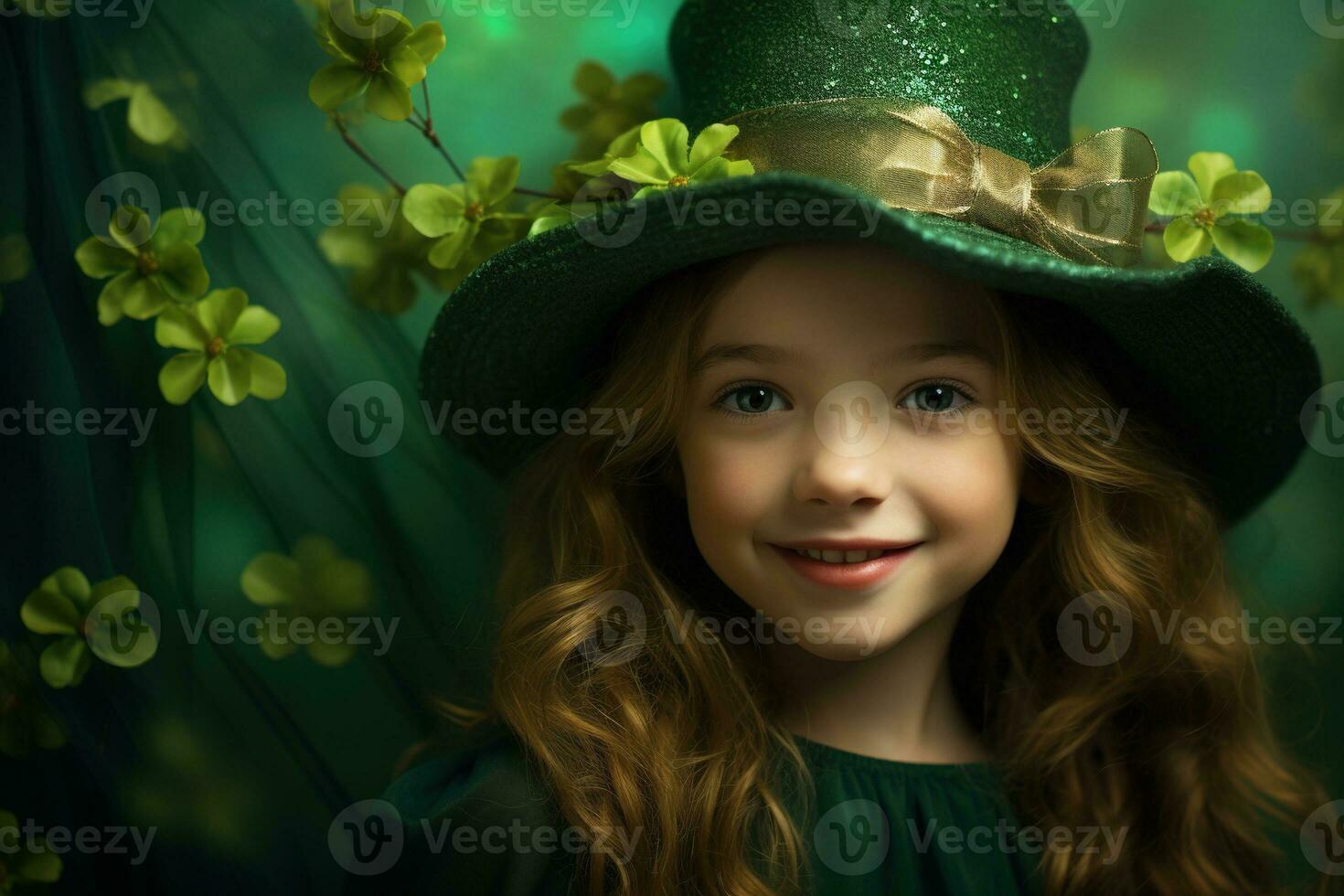 AI generated Portrait of a beautiful little girl in a green hat.St. Patrick's Day Concept photo