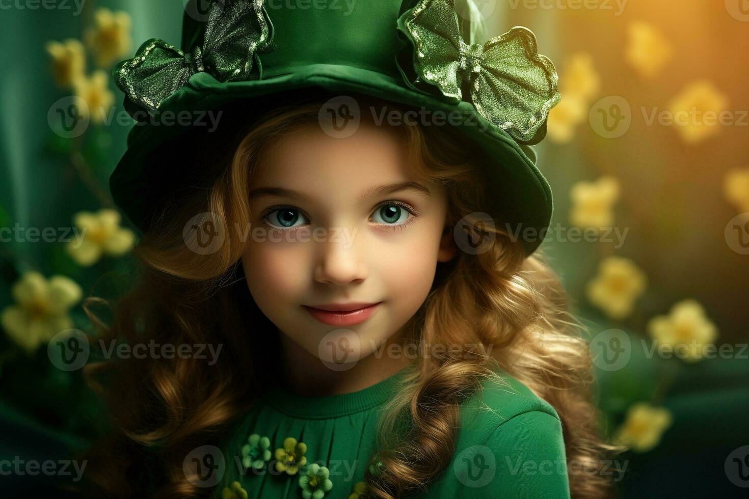 AI generated Portrait of a beautiful little girl in a green hat.St. Patrick's Day Concept photo