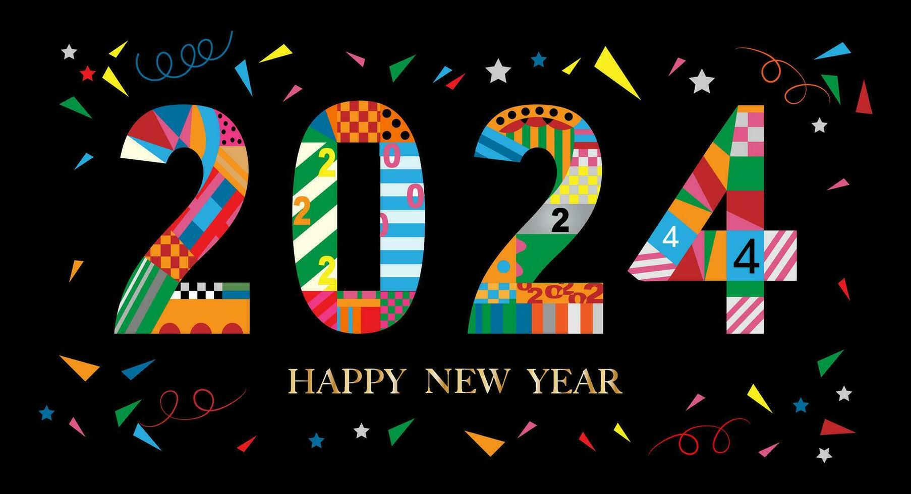 Happy new year 2024 design,Colourful geometric style on black background,Vector Typography text deco design for poster, banner,greeting,Christmas,New year 2024 celebration,Xmas Party invitation vector