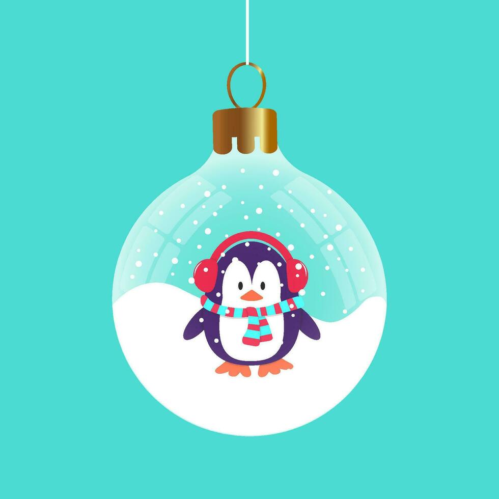 Christmas glass ball with penguin and snow. Vector design.