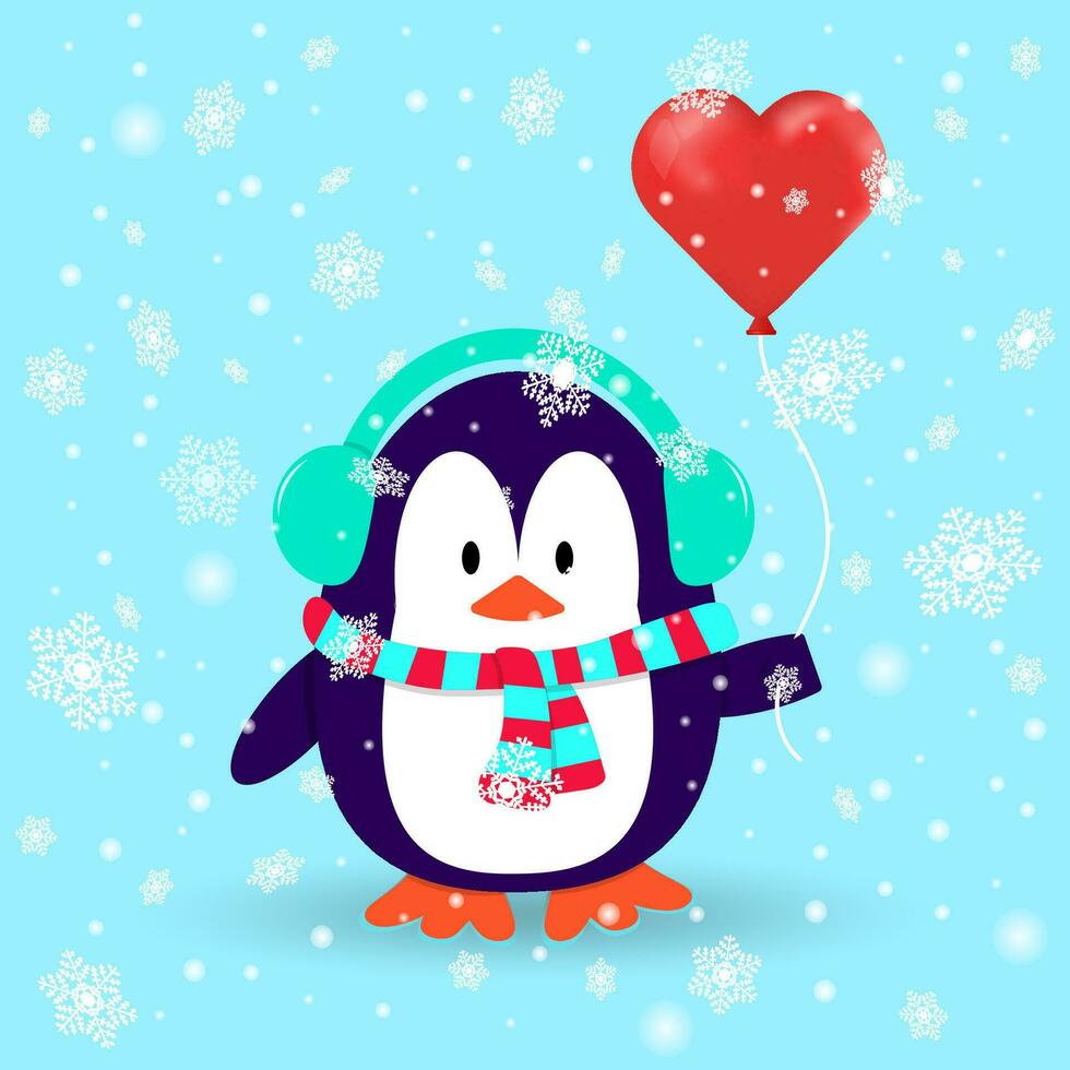 Penguin in wintertime with earmuffs, scarf and red heart balloons in his hand. Snowflakes falling down. Cartoon vector design.