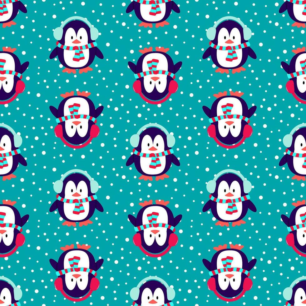 Penguin seamless pattern with snow. Vector design.