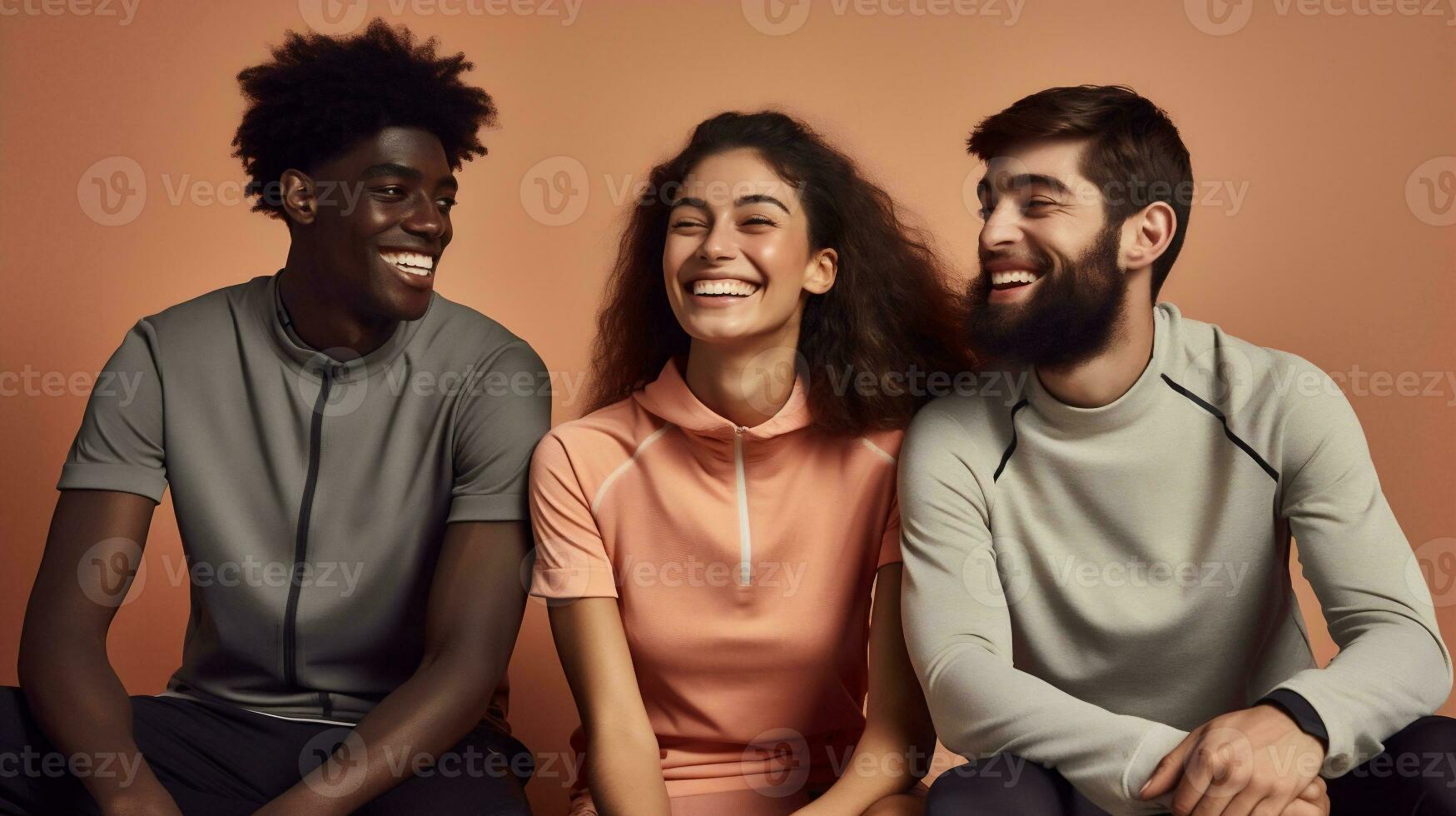 AI generated Portrait of three young friends seated, multiracial, two men and one woman smiling. photo