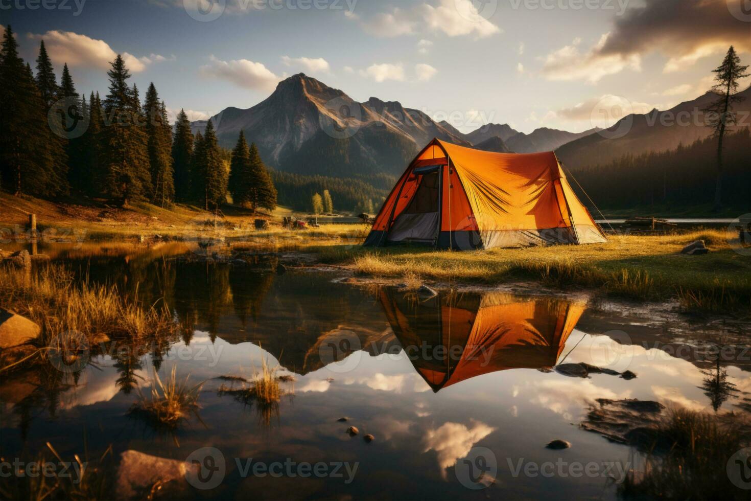 AI generated Tent located by the lake photo