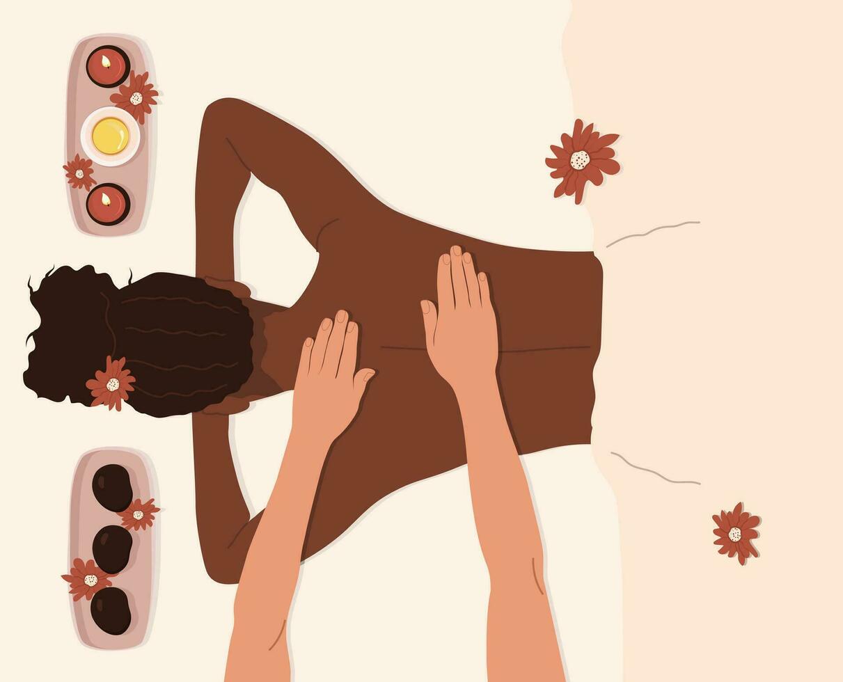 Black woman relaxing at the body massage. Massage in spa center. Healing procedures in health center. Hot stone massage. Top view. Vector illustration