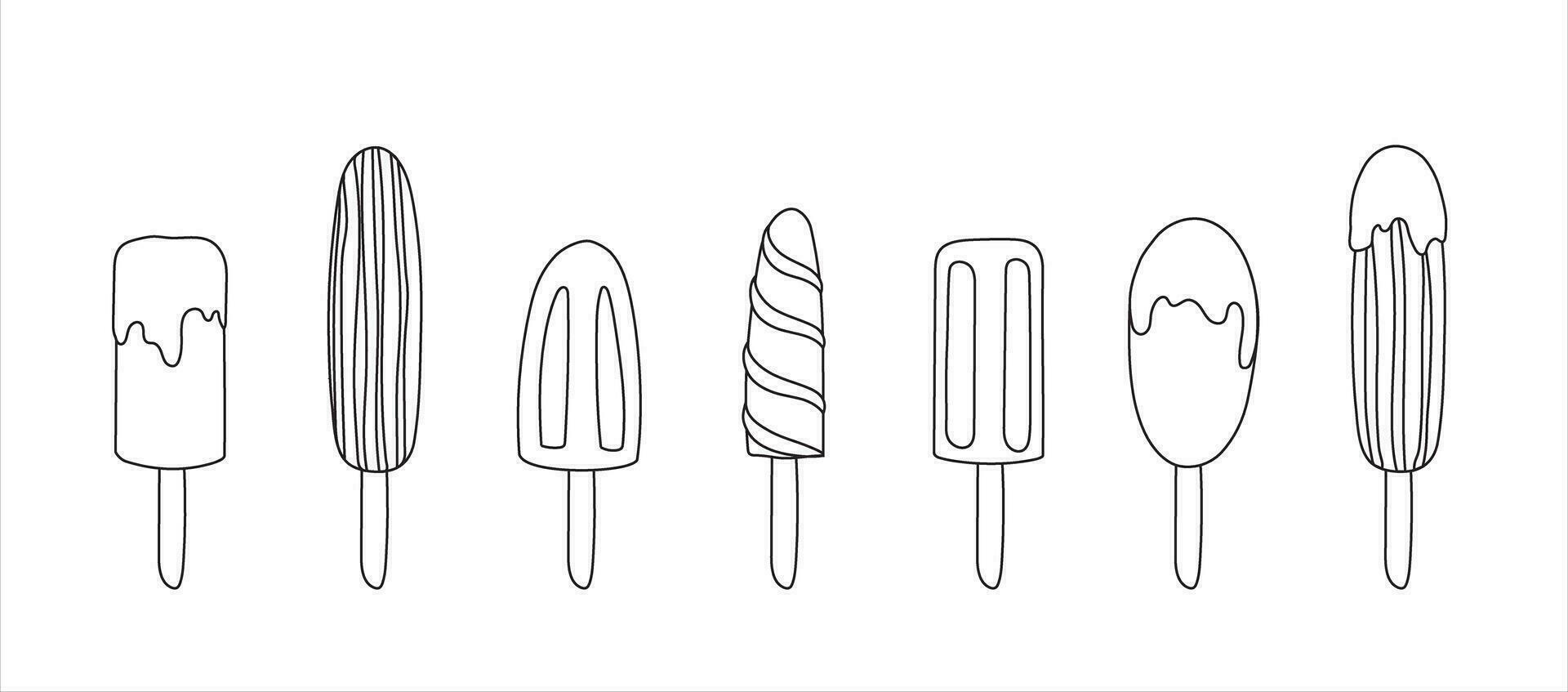 Hand Drawn Ice Cream Vector drawing on white background. Summer Illustration Sweet fast food.Ice cream contour set