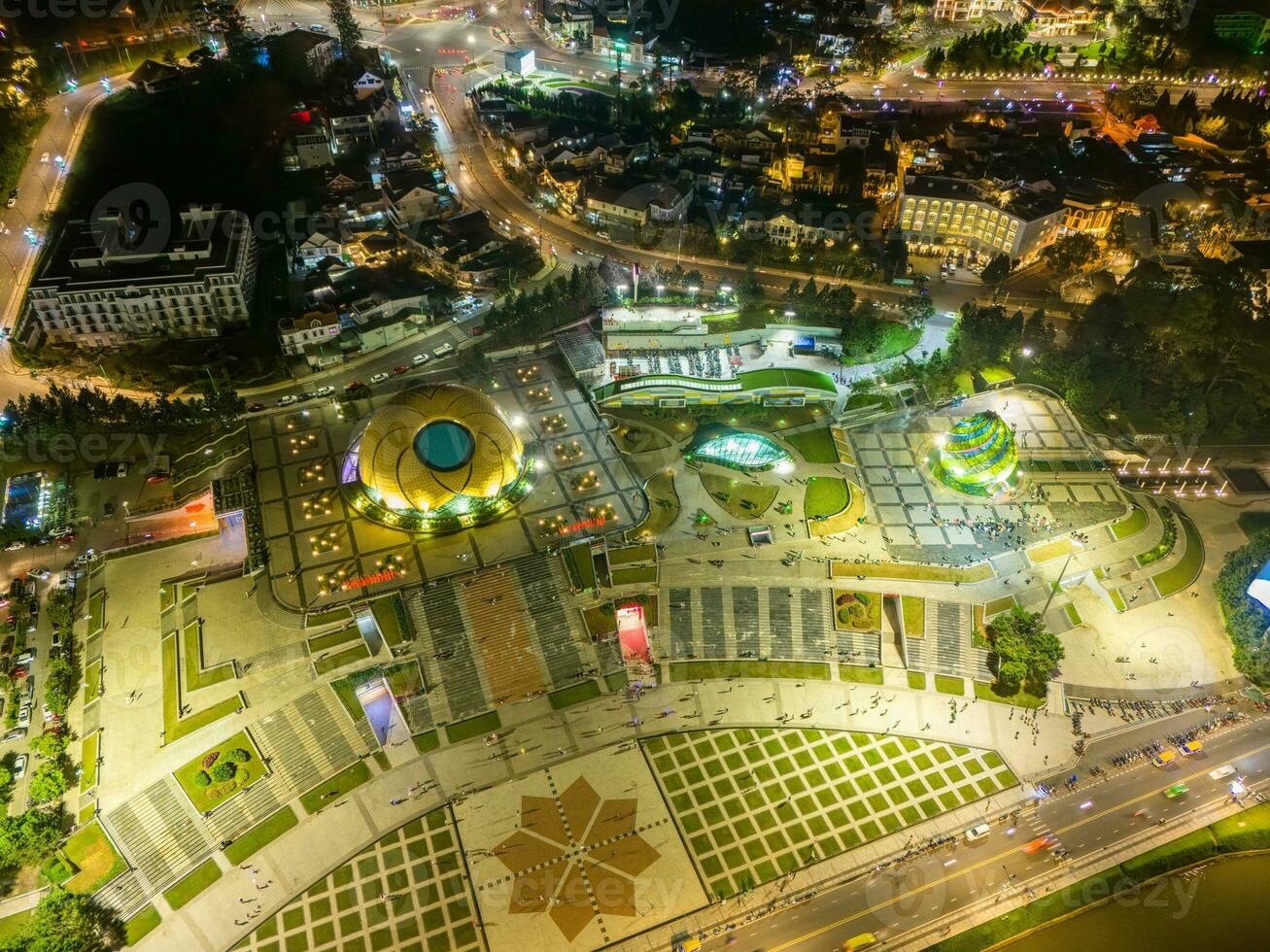 Aerial panorama view of Sunflower Building at Lam Vien Square in Da Lat City. Tourist city in developed Vietnam. Center Square of Da Lat city with Xuan Huong lake photo