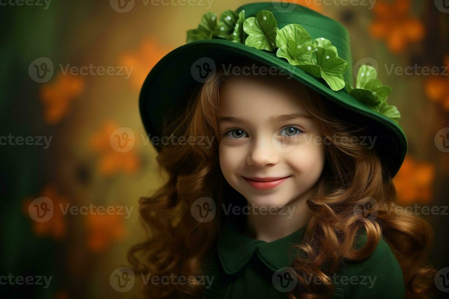 AI generated Portrait of a beautiful little girl in a green hat.St. Patrick's Day Concept photo