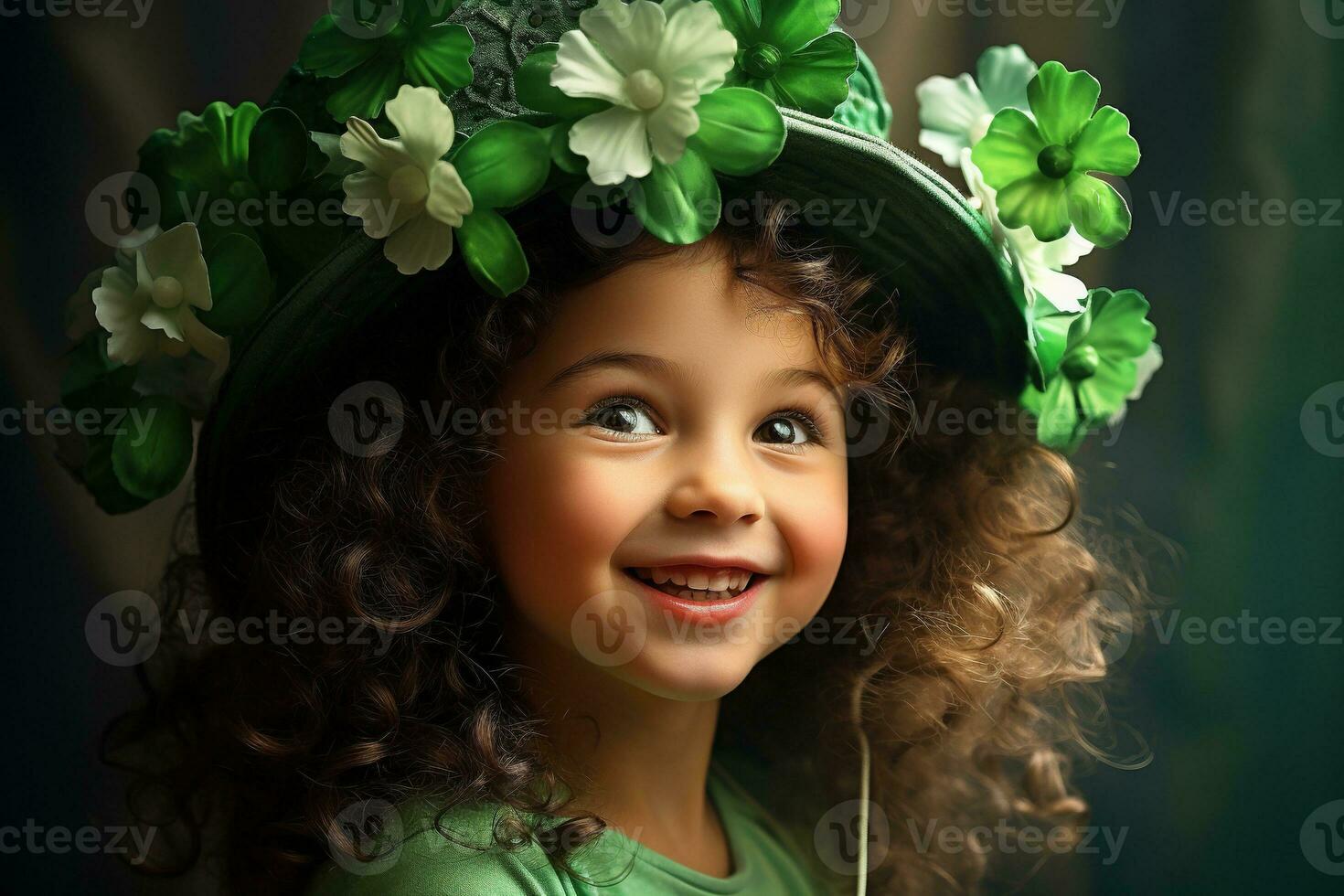 AI generated Portrait of a beautiful little girl in a green hat.St. Patrick's Day Concept photo
