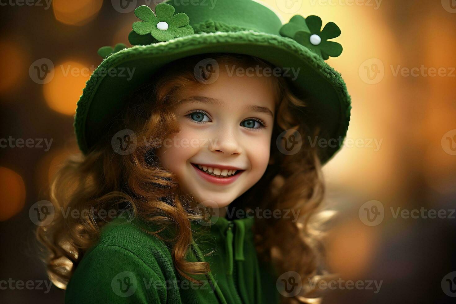 AI generated Portrait of a beautiful little girl in a green hat.St. Patrick's Day Concept photo