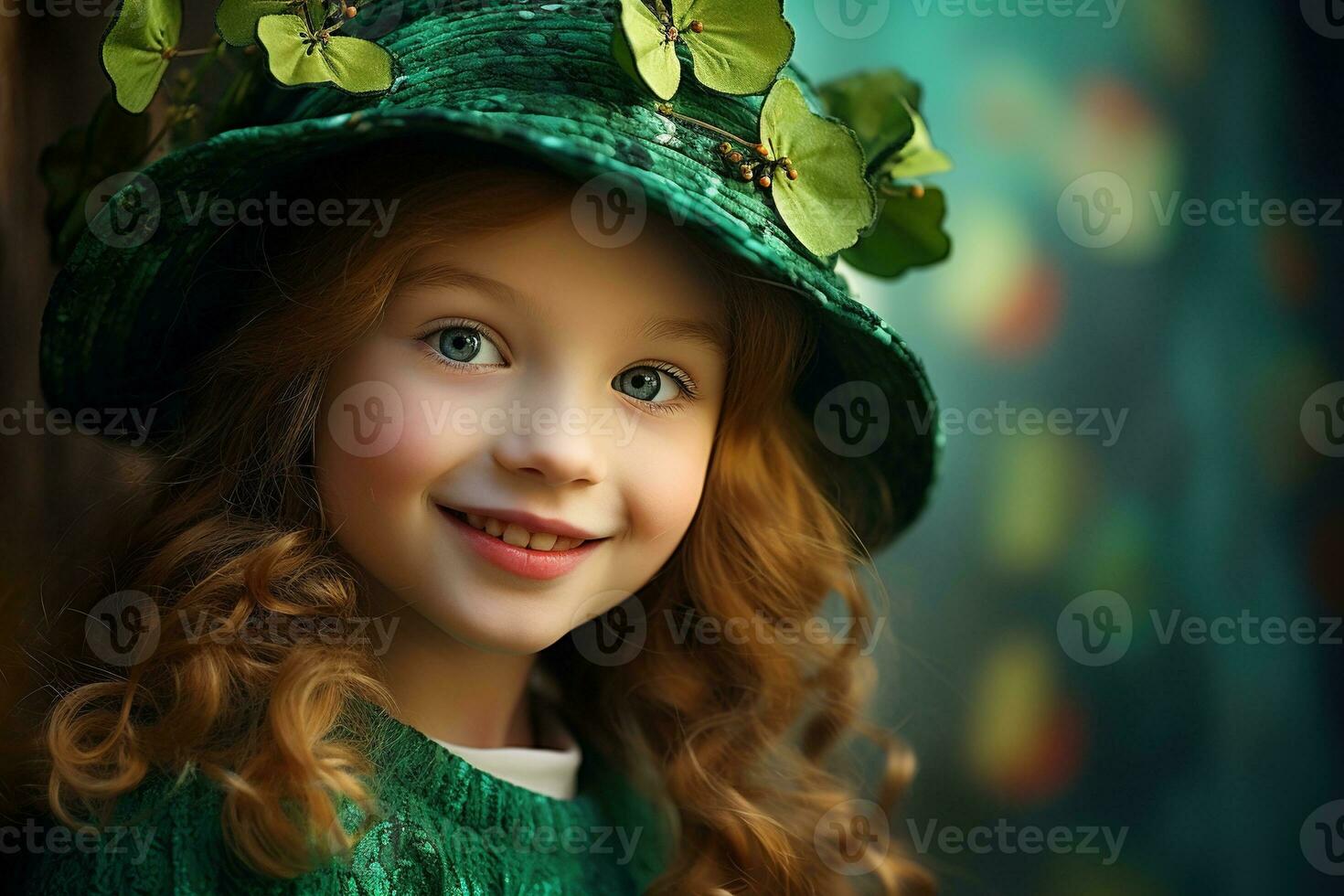 AI generated Portrait of a beautiful little girl in a green hat.St. Patrick's Day Concept photo