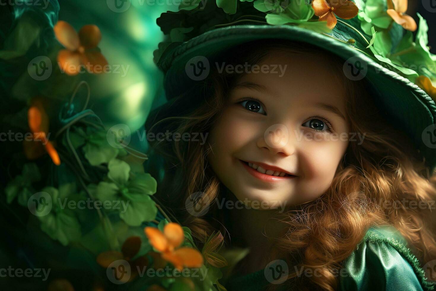 AI generated Portrait of a beautiful little girl in a green hat.St. Patrick's Day Concept photo