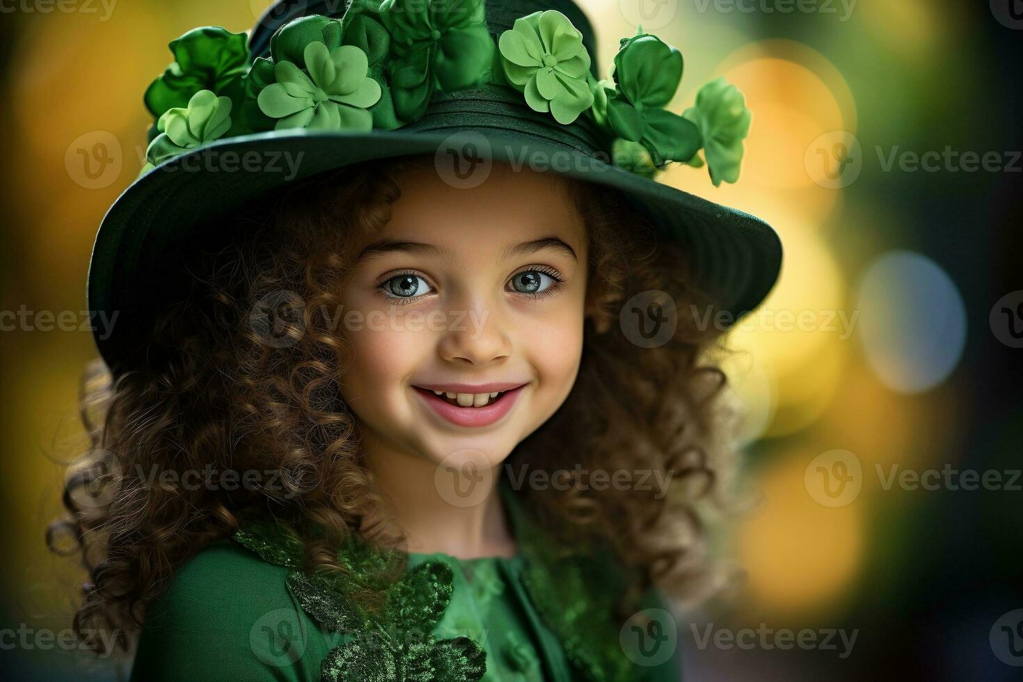 AI generated Portrait of a beautiful little girl in a green hat.St. Patrick's Day Concept photo