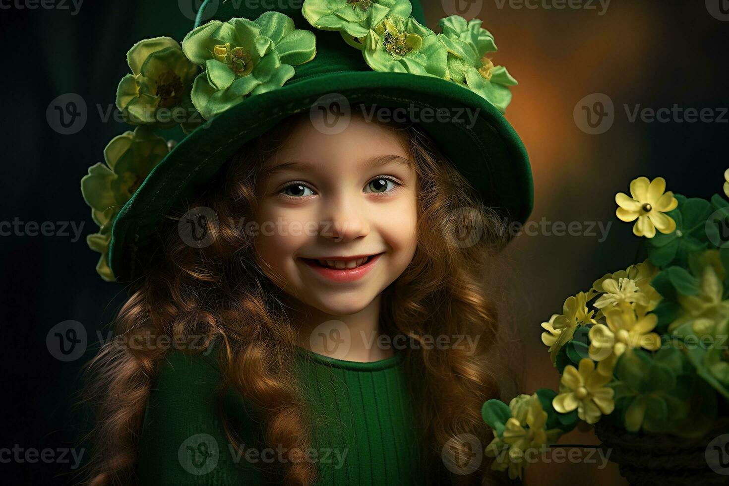 AI generated Portrait of a beautiful little girl in a green hat.St. Patrick's Day Concept photo