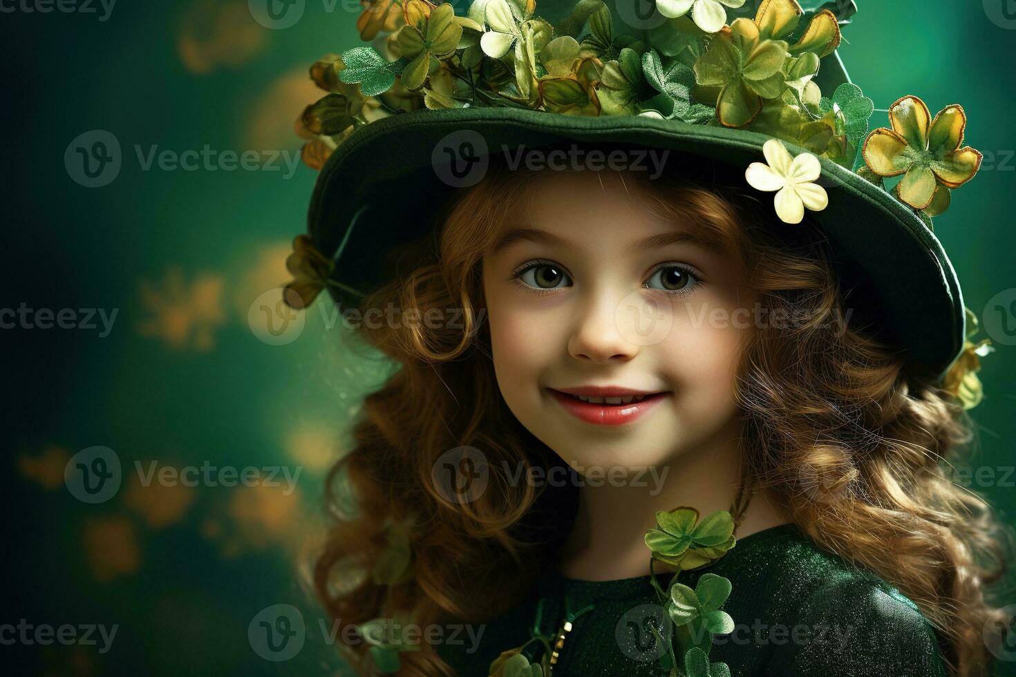 AI generated Portrait of a beautiful little girl in a green hat.St. Patrick's Day Concept photo