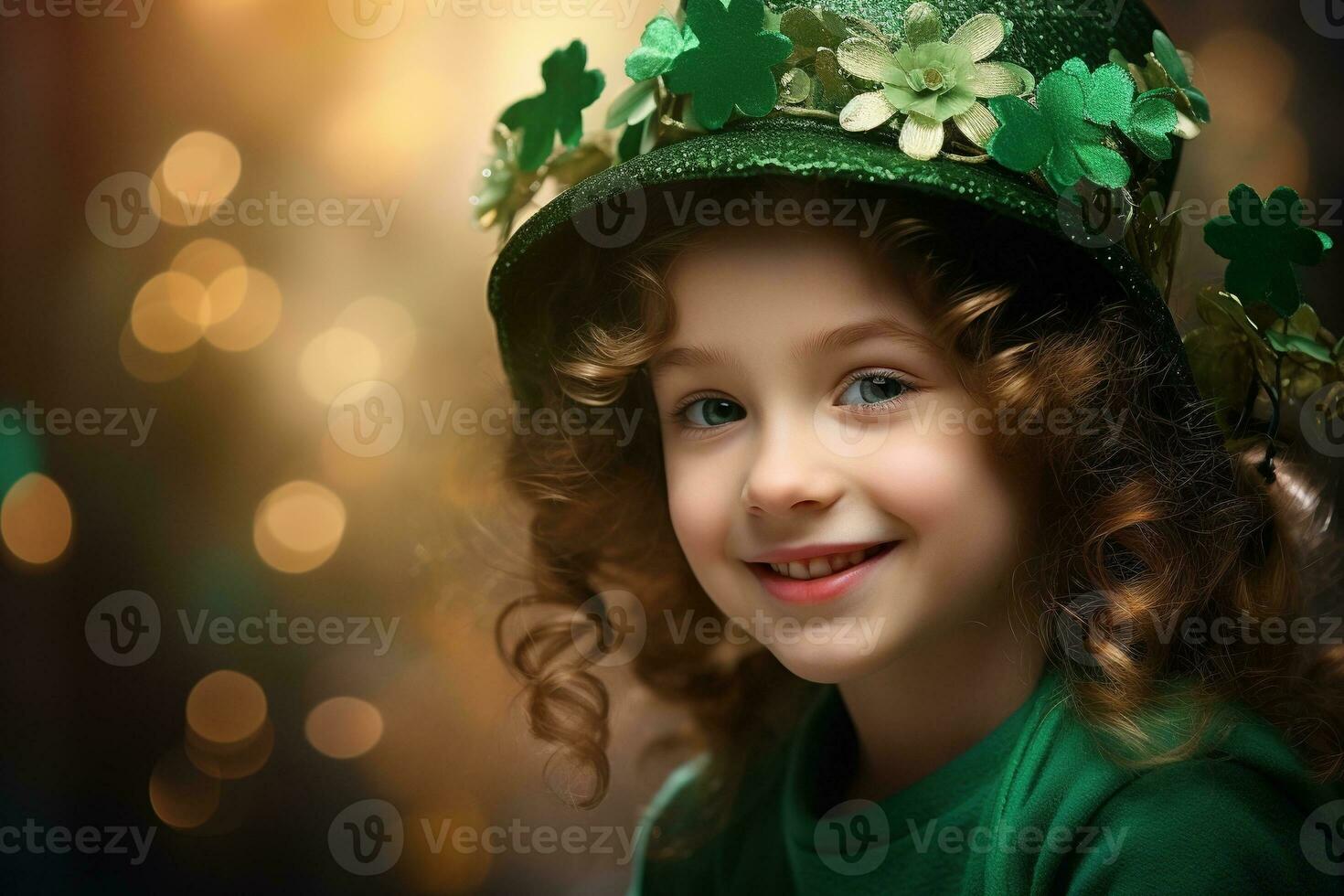 AI generated Portrait of a beautiful little girl in a green hat.St. Patrick's Day Concept photo