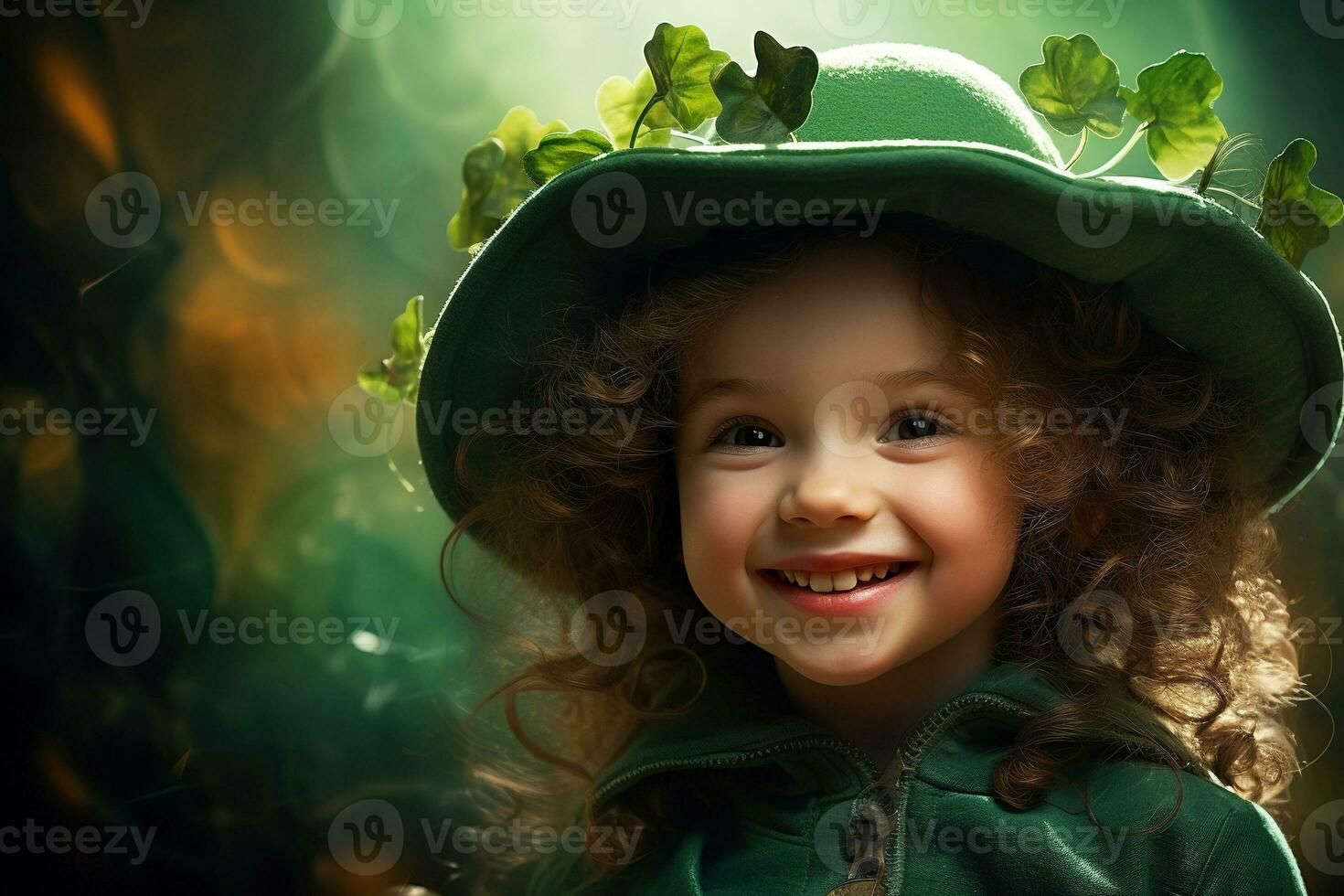 AI generated Portrait of a beautiful little girl in a green hat.St. Patrick's Day Concept photo