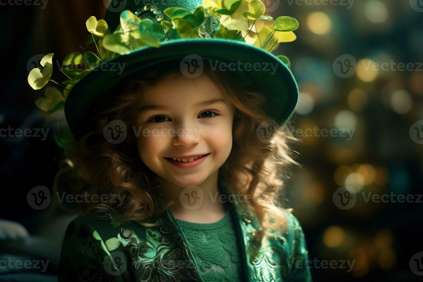 AI generated Portrait of a beautiful little girl in a green hat.St. Patrick's Day Concept photo