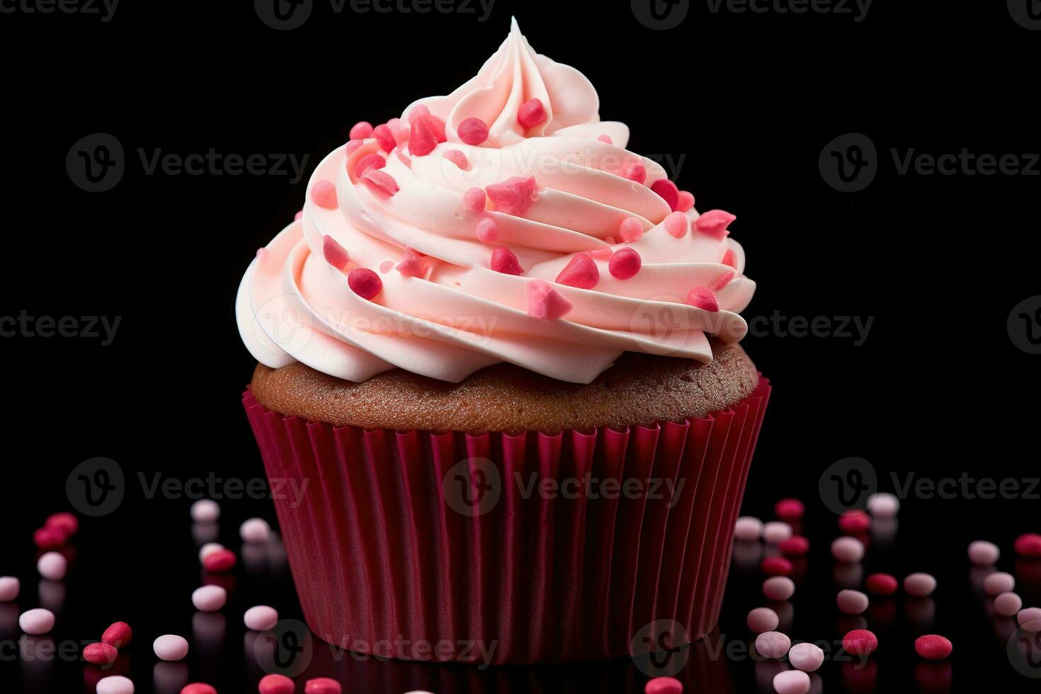 AI generated Valentine cupcake with heart-shaped sprinkles on red background photo