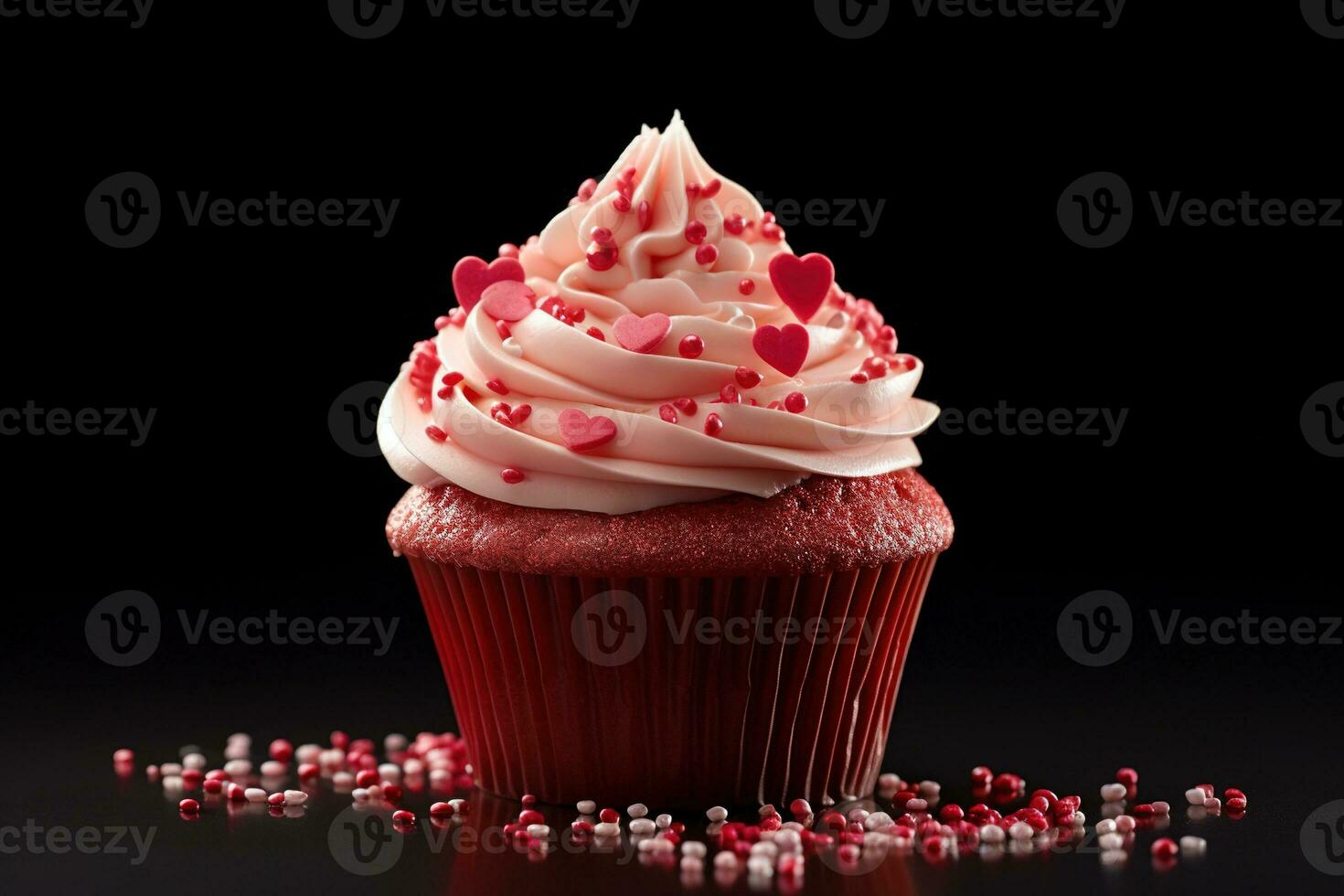 AI generated Valentine cupcake with heart-shaped sprinkles on red background photo