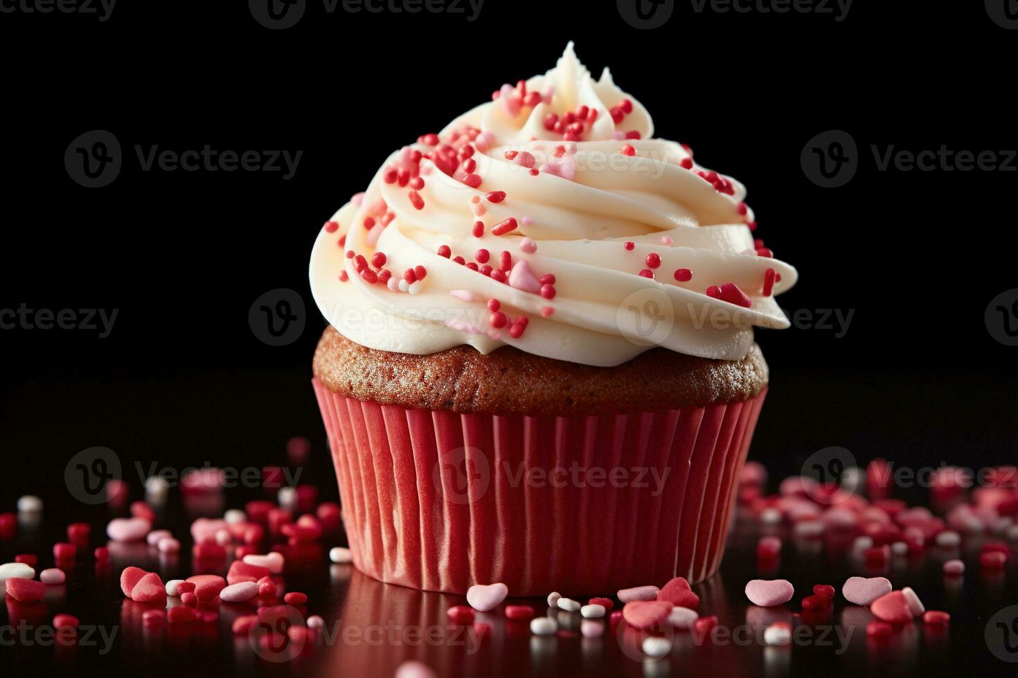 AI generated Valentine cupcake with heart-shaped sprinkles on red background photo